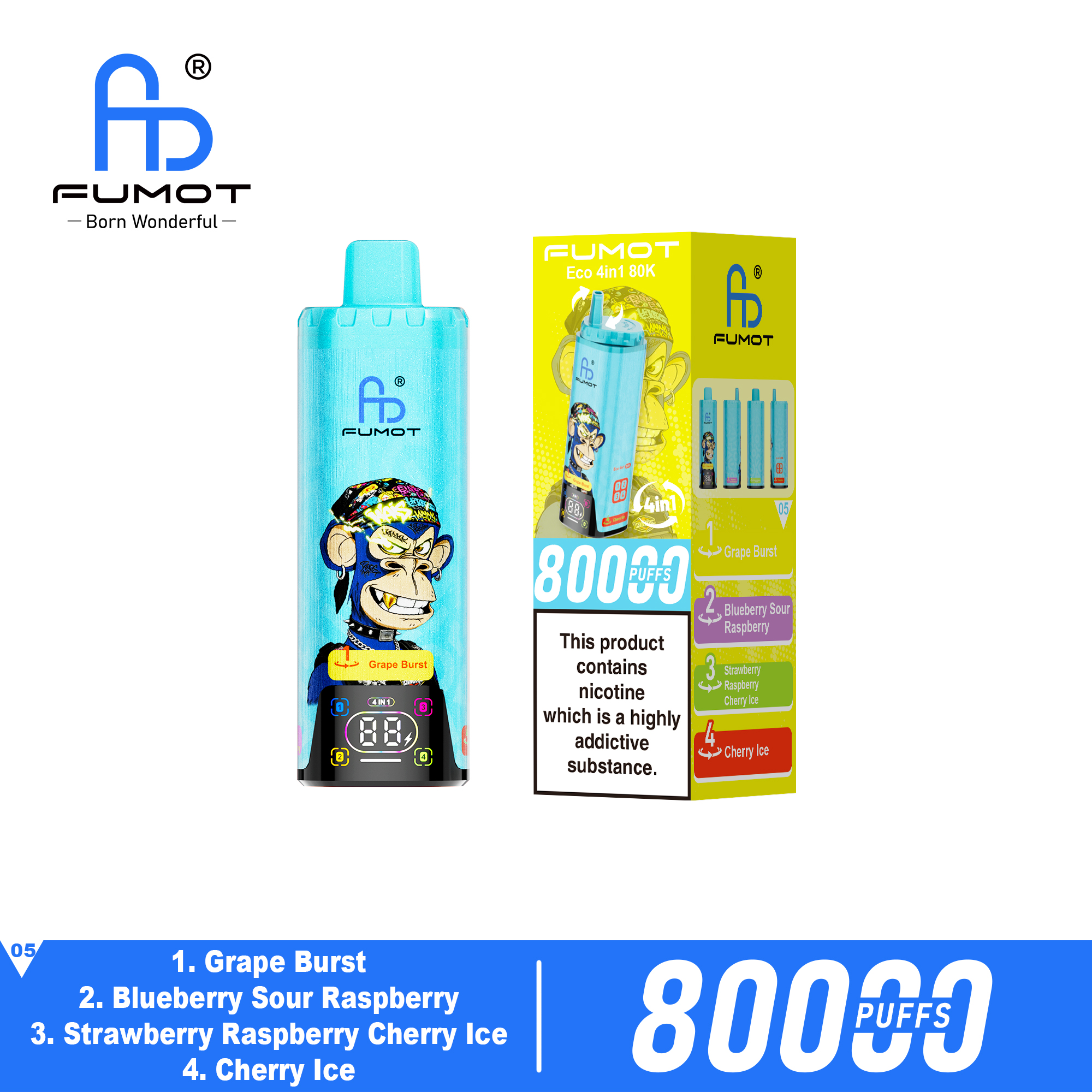 Fumot ECO 4in1 80K Grape Burst & Blueberry Sour Raspberry & Strawberry Raspberry Cherry Ice & Cherry Ice – Bild 2