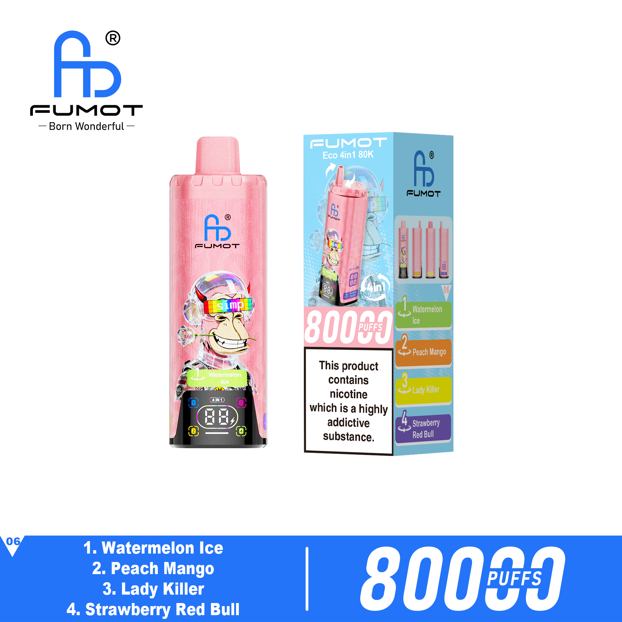Fumot ECO 4in1 80K Watermelon Ice & Peach Mango & Lady Killer & Strawberry Red Bull – Bild 2