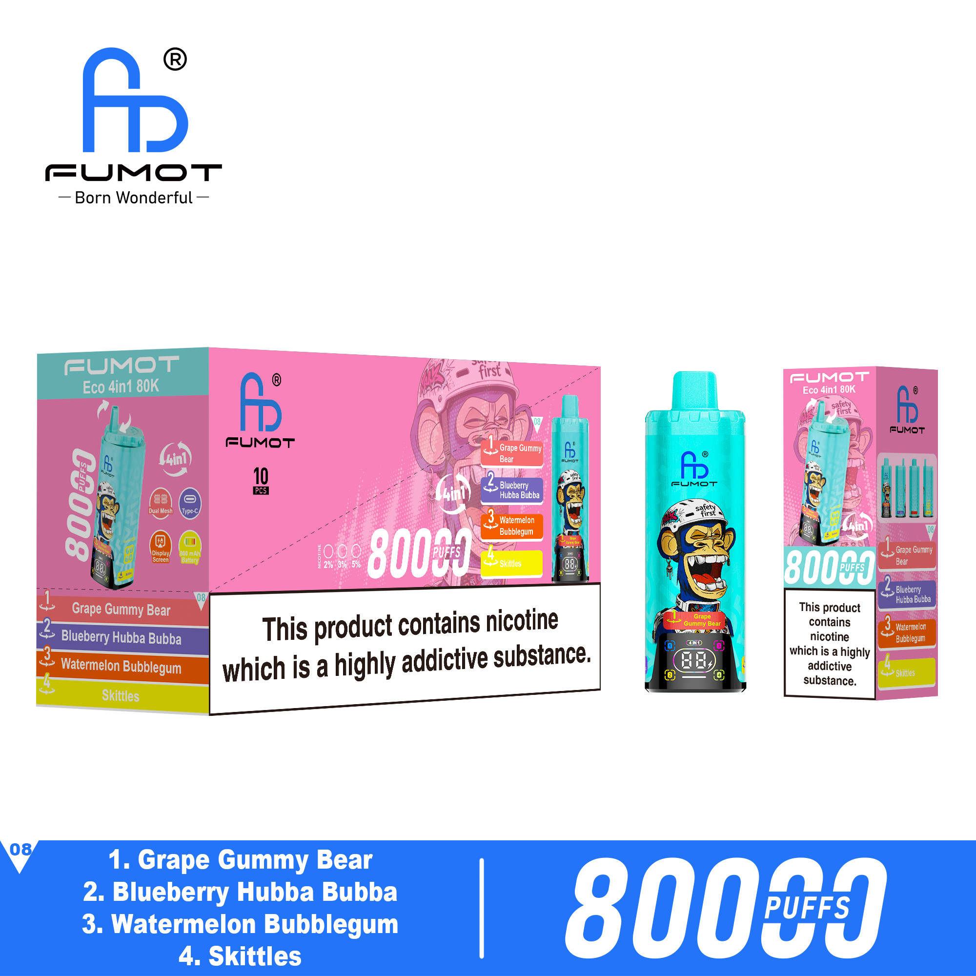 Fumot ECO 4in1 80K Grape Gummy Bear & Blueberry Hubba Bubba & Watermelon Bubblegum & Skittles – Bild 3