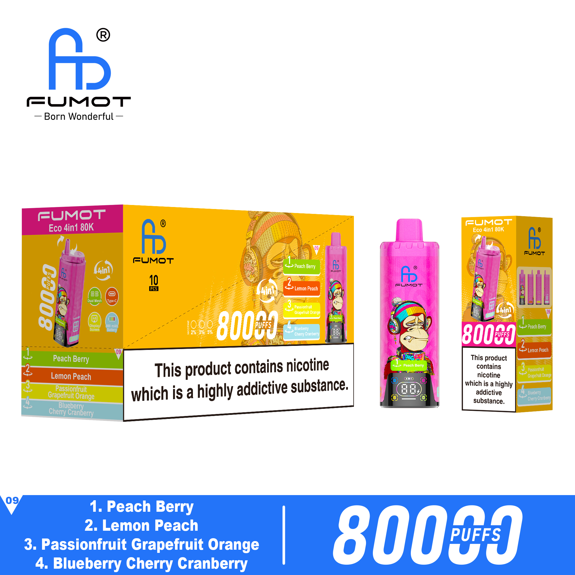 Fumot ECO 4in1 80K Peach Berry & Lemon Peach & Passionfruit Grapefruit Orange & Blueberry Cherry Cranberry – Bild 3