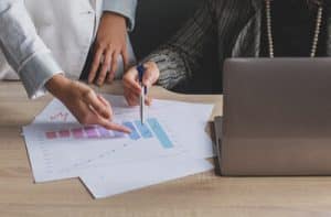 Business team reviewing sales and performance graphs.