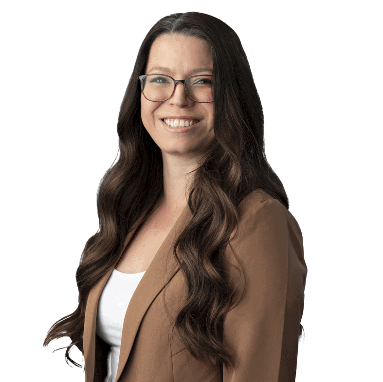 Smiling woman with glasses, long wavy hair, wearing a brown blazer and white top, professional and a.