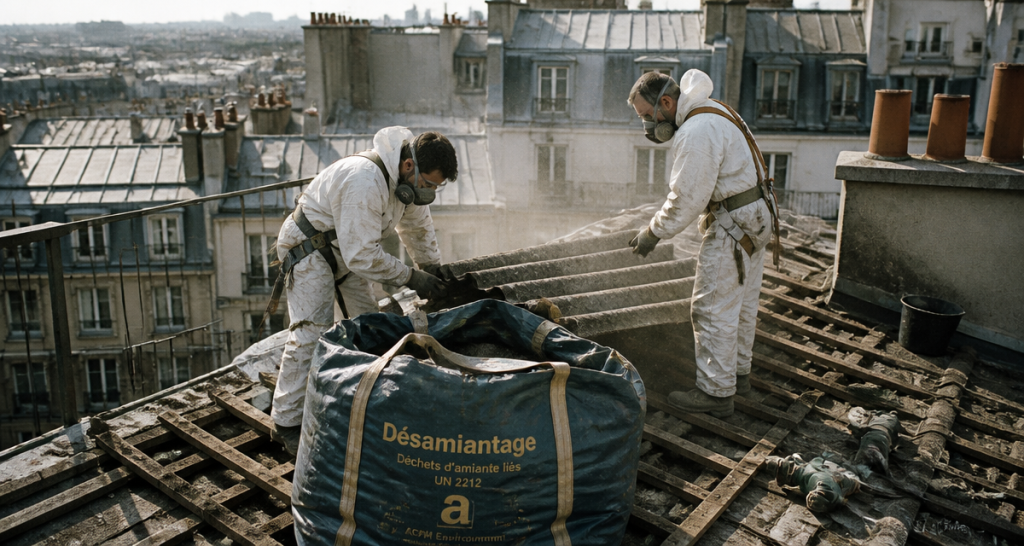 désamiantage toiture fibro Paris ouvriers big-bag