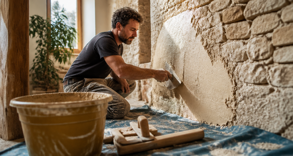 enduit correcteur thermique appliqué sur mur de pierre
