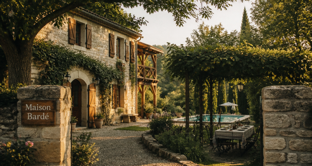 maison bardé façade pierre jardin piscine