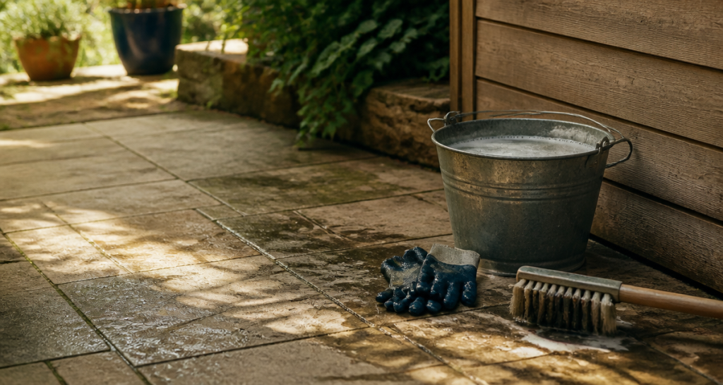 nettoyer dalle de terrasse avec balai brosse et eau savonneuse