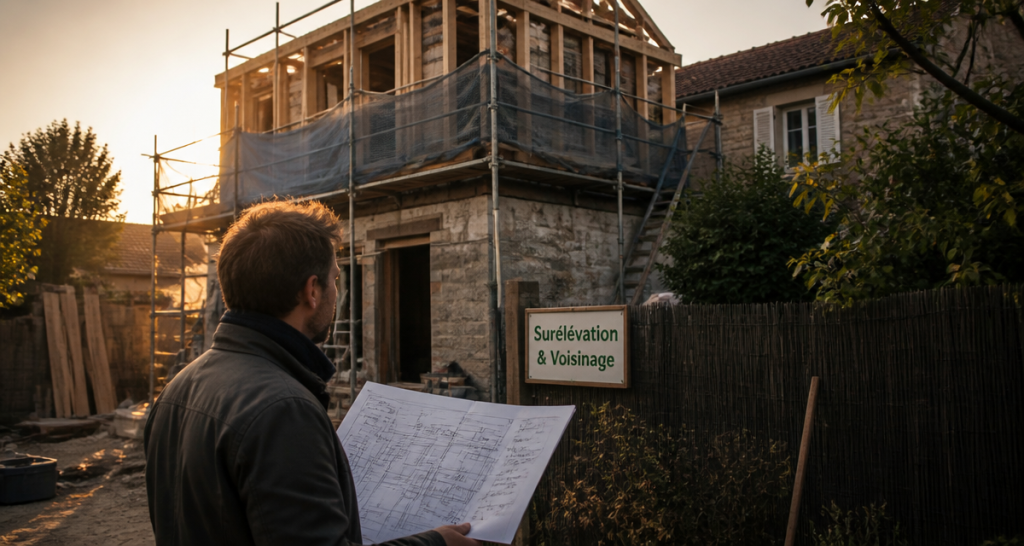 Surélévation maison et voisinage, architecte devant chantier