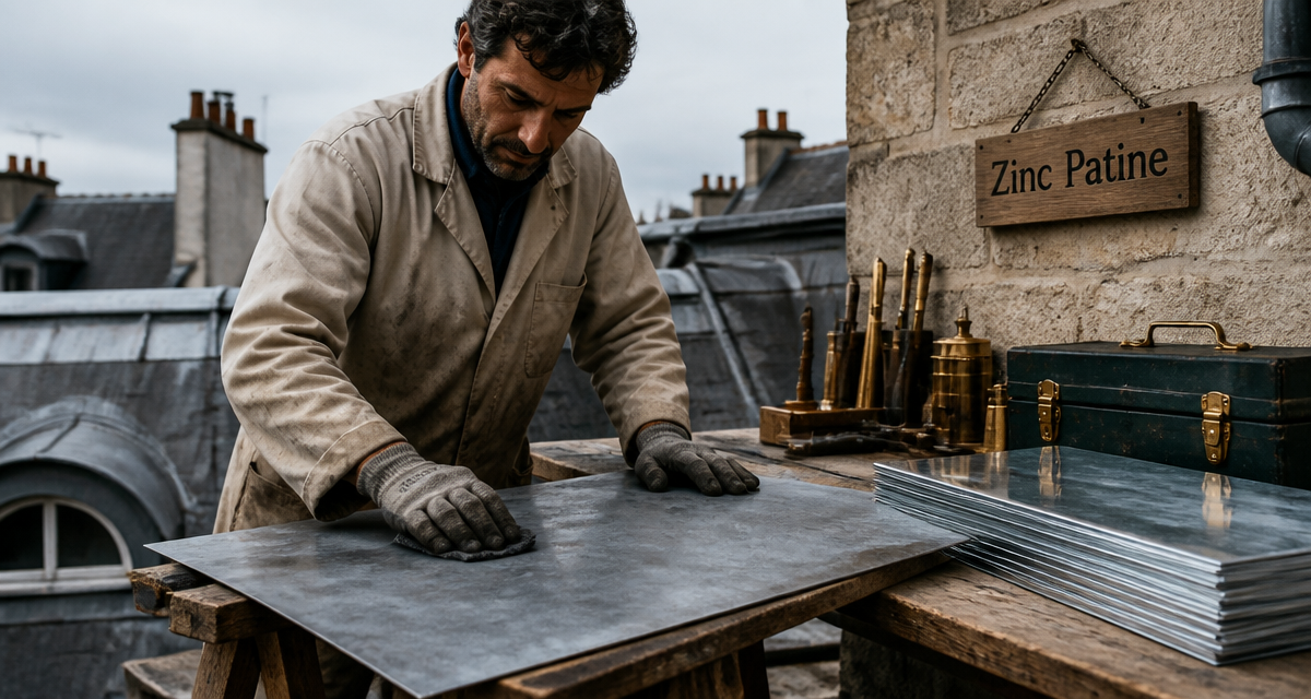 zinc patine couvreur main feuille