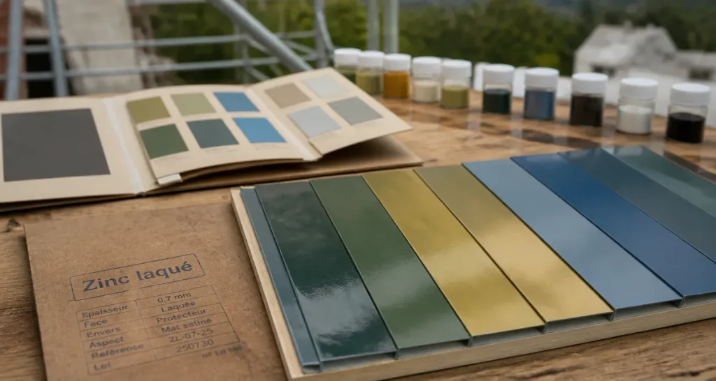 Couleur zinc laqué : teintes vert forêt, doré chantier et bleu ardoise sur échantillons