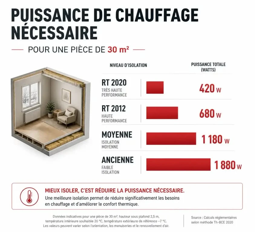 Tableau récapitulatif de la puissance de radiateurs nécessaire pour 30m2 selon le niveau d'isolation thermique
