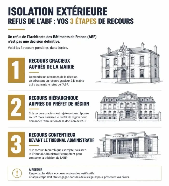 Schéma des étapes de recours en cas de refus d'isolation extérieure par l'ABF