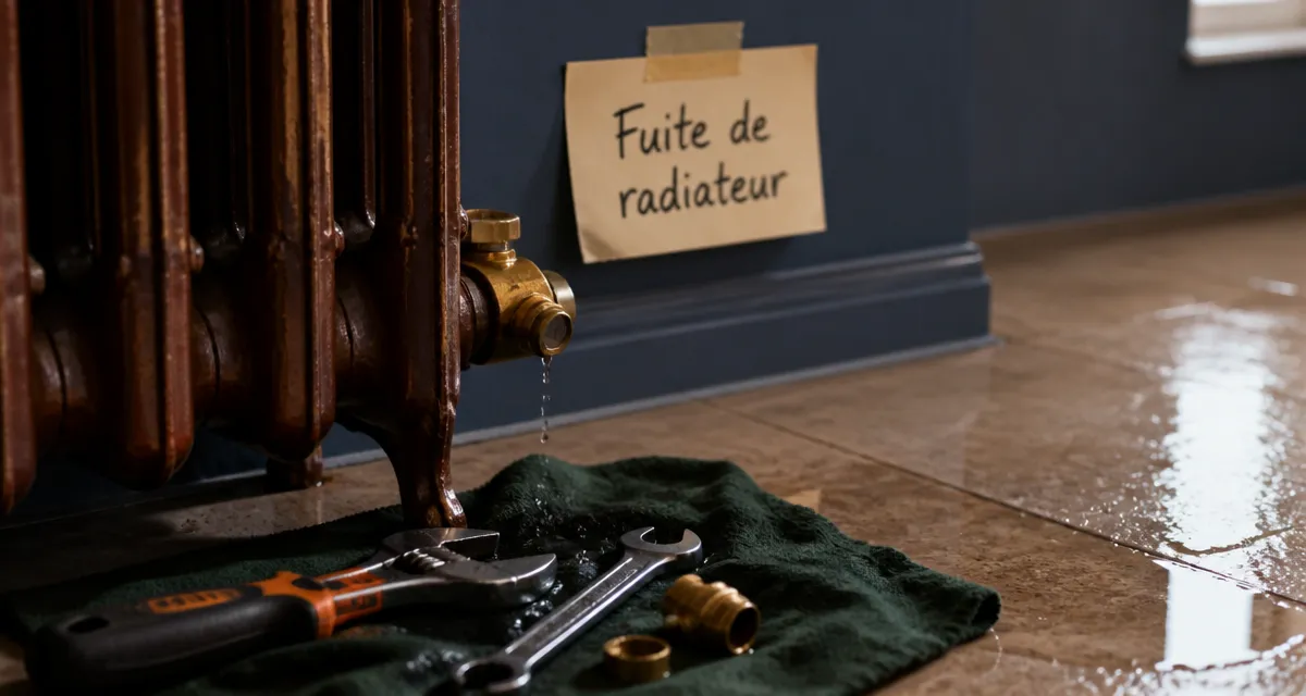 fuite radiateur sur carrelage avec outils