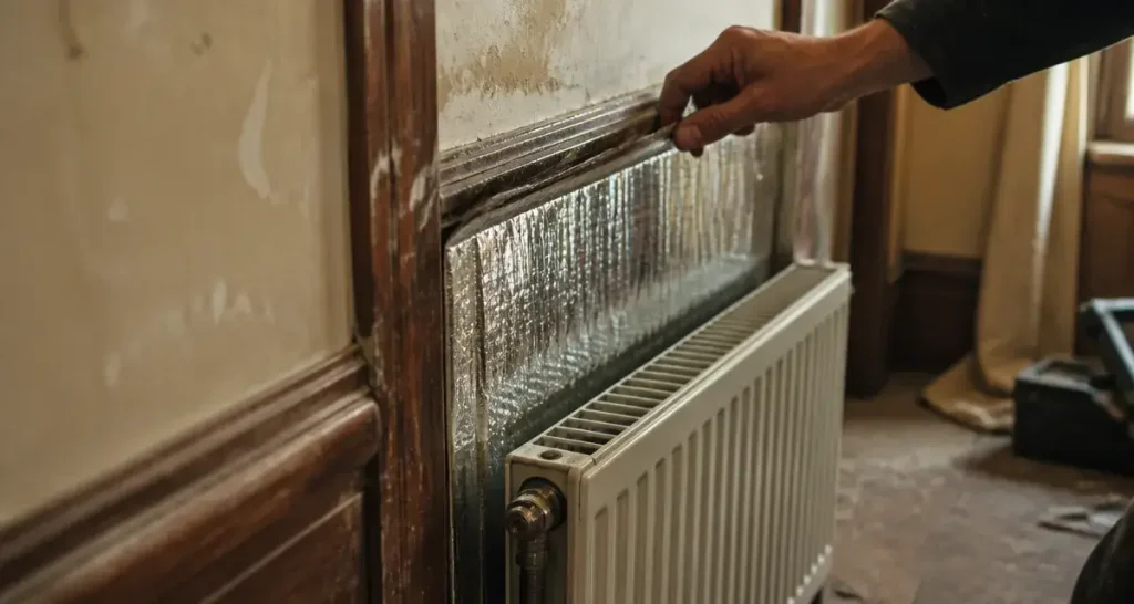 Panneau réflecteur radiateur aluminium derrière un radiateur mural
