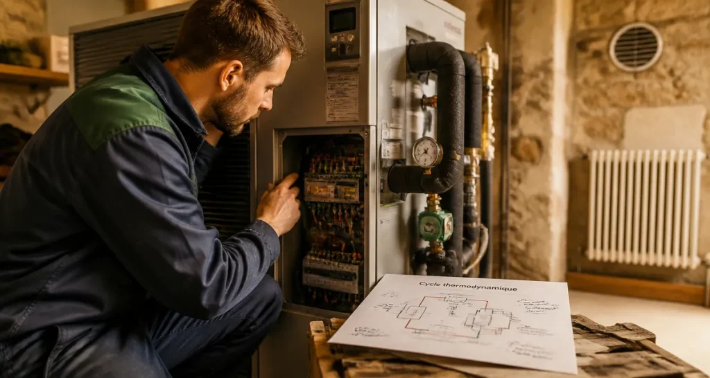 Technicien vérifie une pompe a chaleur air-eau, cycle thermodynamique