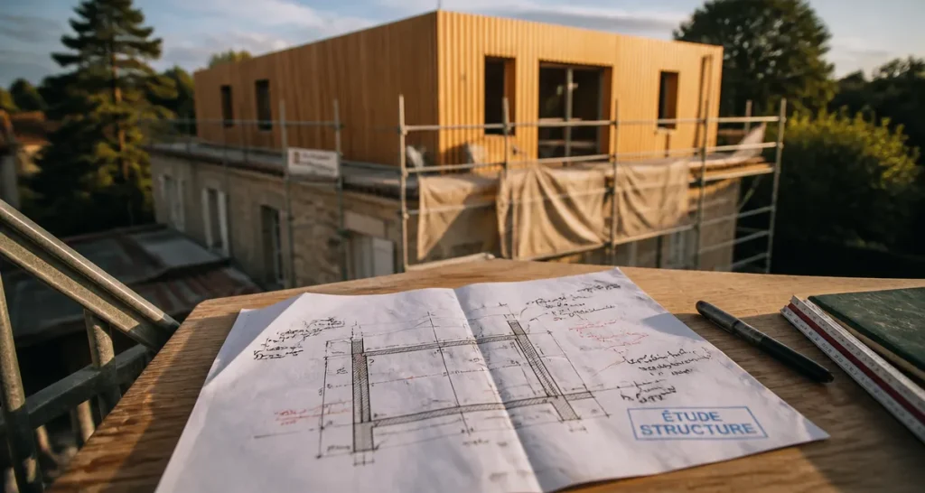 Prix surélévation maison 40m2 : étude structure sur chantier