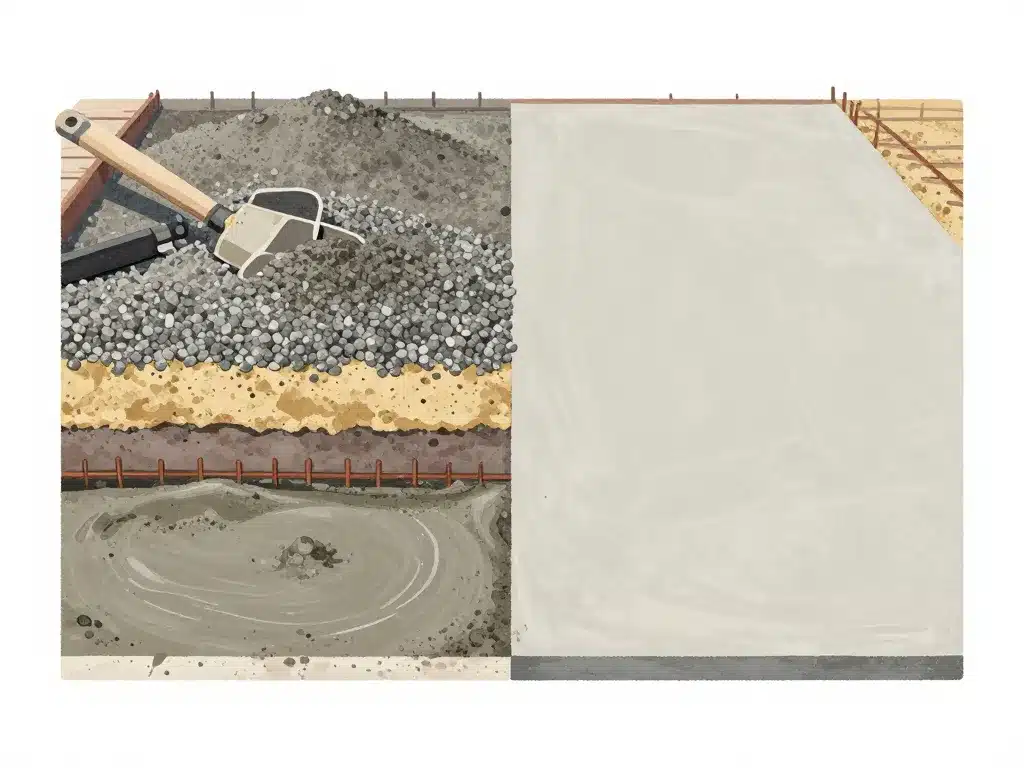 Illustration matériaux et épaisseurs pour différence entre dalle et chape béton