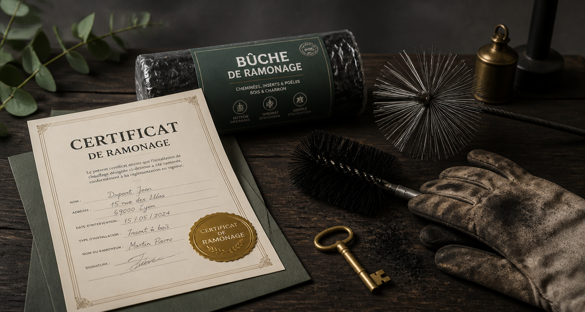 buche ramonage assurance sur table avec outils et certificat