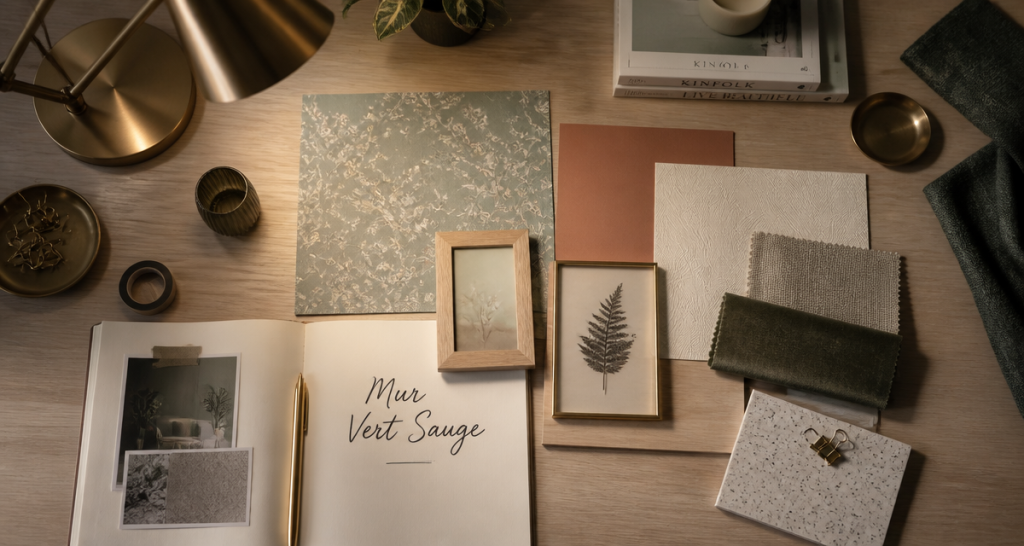 decoration murale vert sauge flat lay bureau