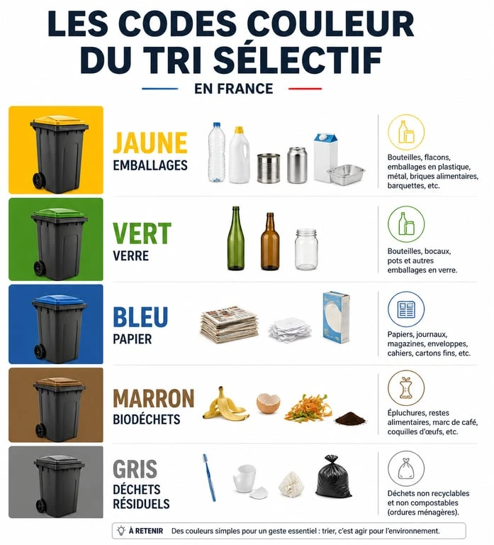 Infographie des couleurs des poubelles de tri sélectif en France