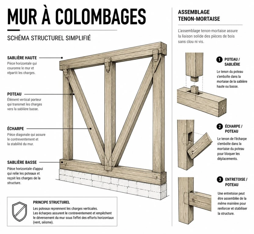 Schéma technique d'une structure de maison à colombages avec ses éléments d'assemblage