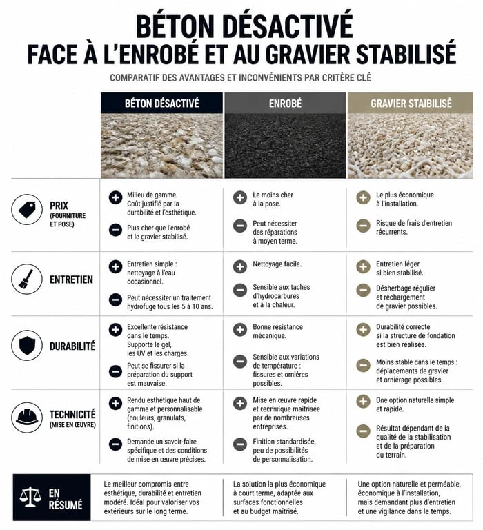 Infographie comparative des inconvénients et avantages du béton désactivé pour aménagement extérieur