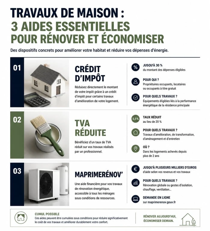 Infographie récapitulative des aides fiscales pour les travaux maison impots