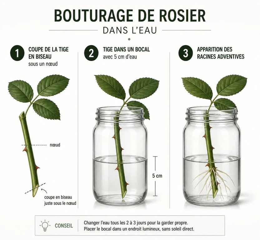 Étapes du bouturage d'un rosier dans l'eau : coupe de la tige et enracinement
