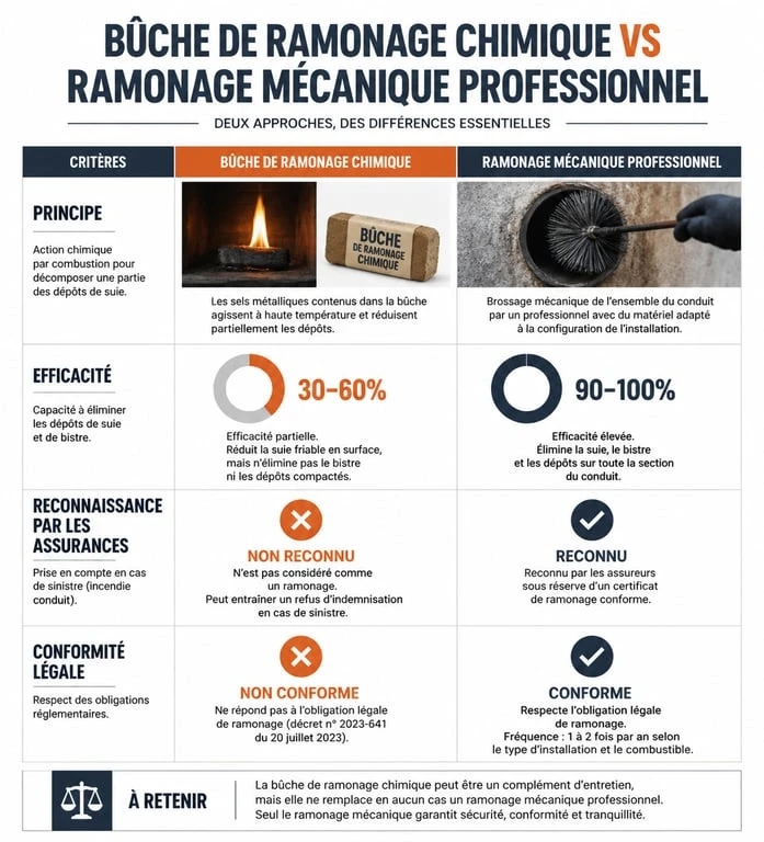 Infographie comparative bûche de ramonage et ramonage mécanique pour assurance habitation