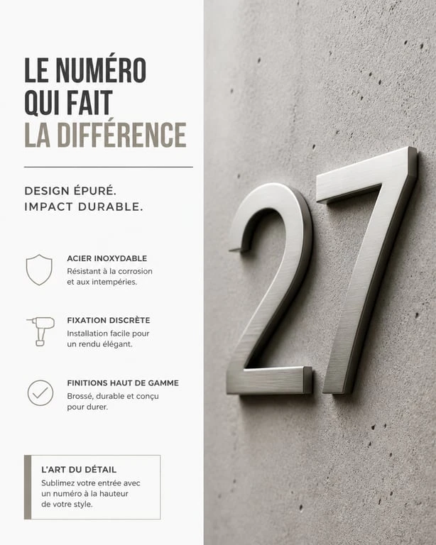Numéro de maison design en inox brossé sur façade moderne