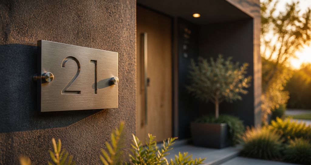 numero de maison design inox sur façade béton
