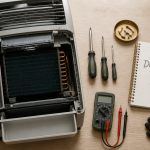 Réparation climatiseur mobile avec outils et composants