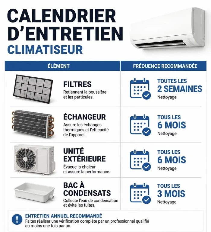 Infographie du calendrier d'entretien et nettoyage d'un climatiseur pour une performance optimale