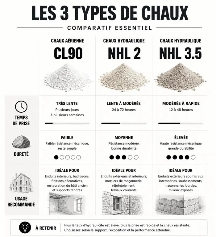 Comparatif des types de chaux pour enduit de façade : CL90, NHL 2 et NHL 3.5