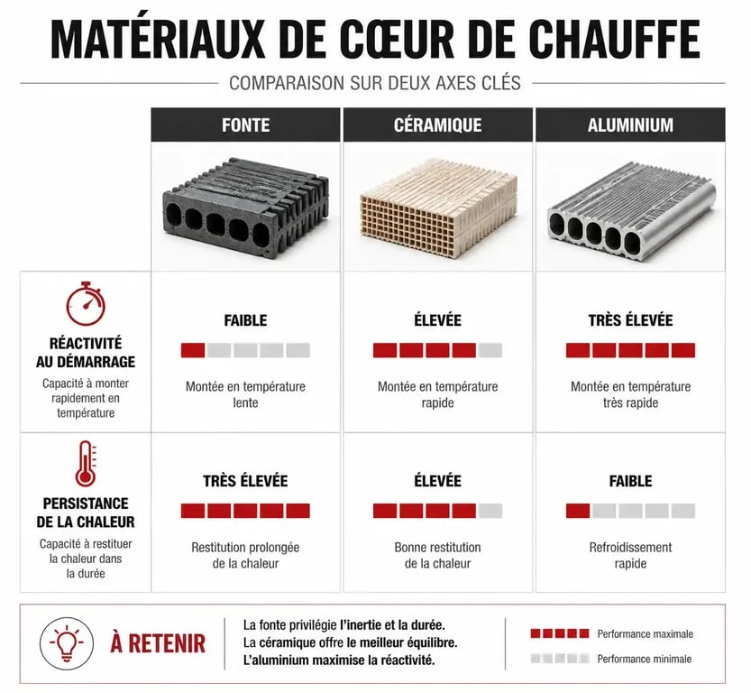 Comparatif des matériaux de radiateur double cœur de chauffe : fonte, céramique et aluminium