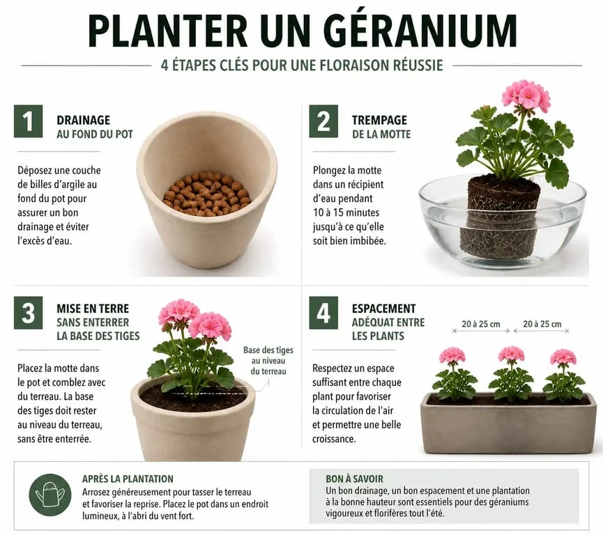 Étapes illustrées pour savoir quand et comment planter ses géraniums au jardin