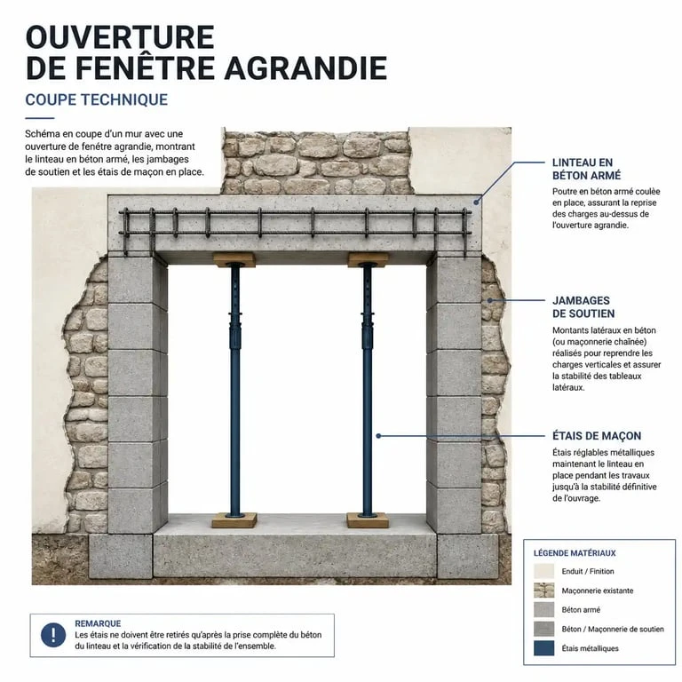 Schéma technique des étapes pour agrandir une fenêtre et poser un linteau