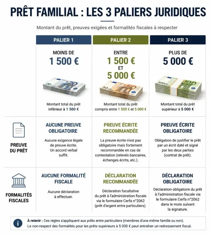 Tableau récapitulatif des obligations légales pour un prêt familial en cas de décès du prêteur