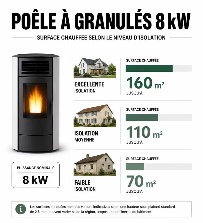 Infographie montrant la surface chauffée par un poêle à granulés 8 kW selon l'isolation du logement