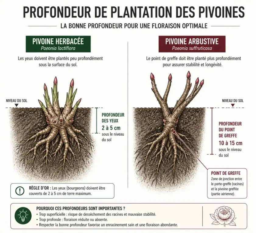 Schéma comparatif de la profondeur de plantation des pivoines herbacées et arbustives