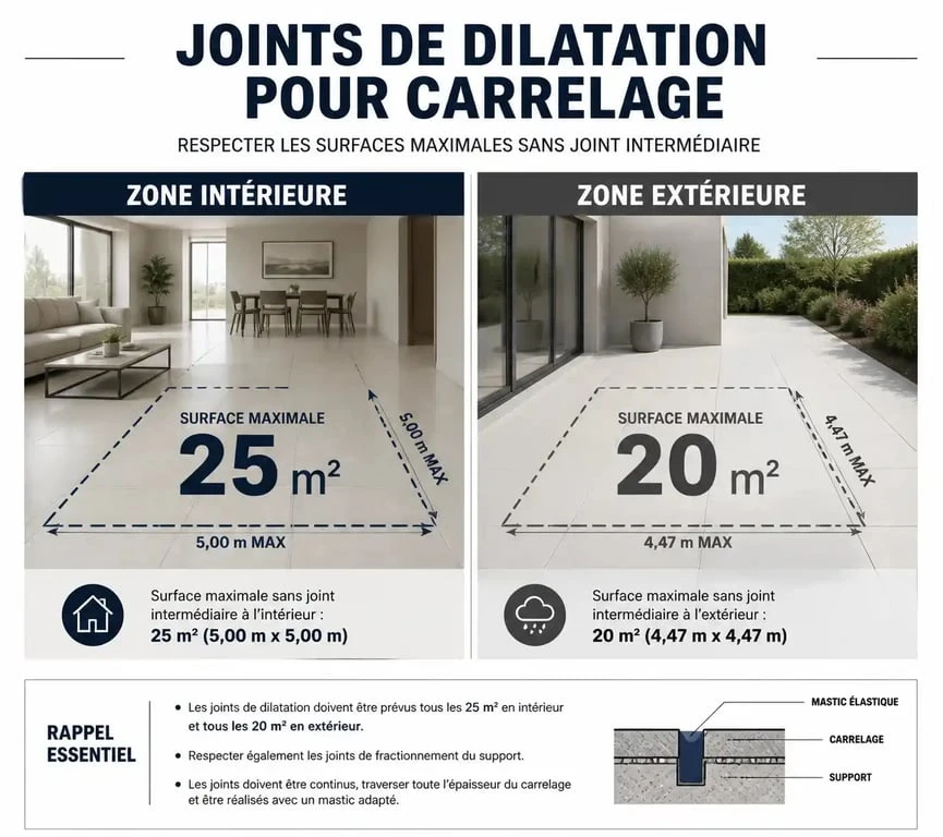 Infographie des seuils de surface pour la pose de joints de dilatation carrelage intérieur et extérieur