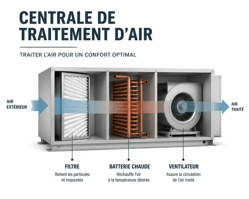 Schéma de fonctionnement d'une centrale de traitement d'air (CTA) pour le chauffage