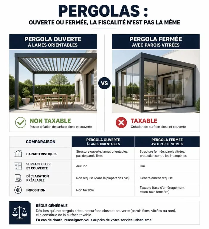 Comparatif fiscal entre pergola ouverte et pergola fermée : impact sur la taxe d'aménagement