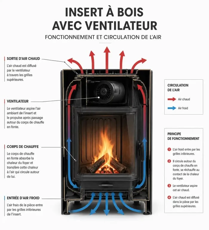 Schéma de fonctionnement d'un insert avec ventilateur montrant la convection forcée de l'air