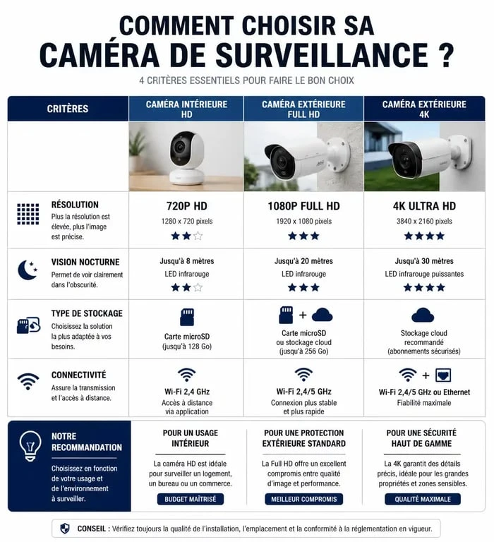 Infographie comparative pour choisir sa caméra de surveillance : critères techniques et fonctionnalités clés pour la sécurité domestique.