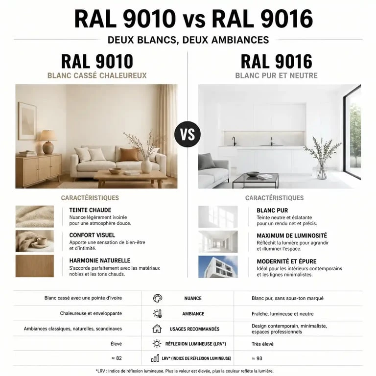 Comparatif visuel des teintes de blanc RAL 9010 et RAL 9016 pour la peinture intérieure