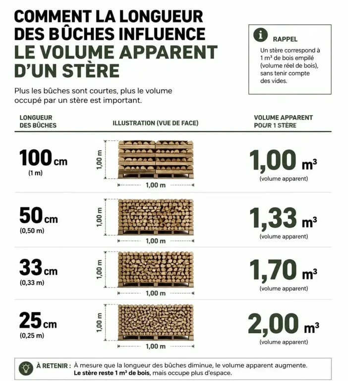 Infographie montrant la variation du volume apparent d'un stère de bois selon la longueur des bûches pour le prix du stère de bois