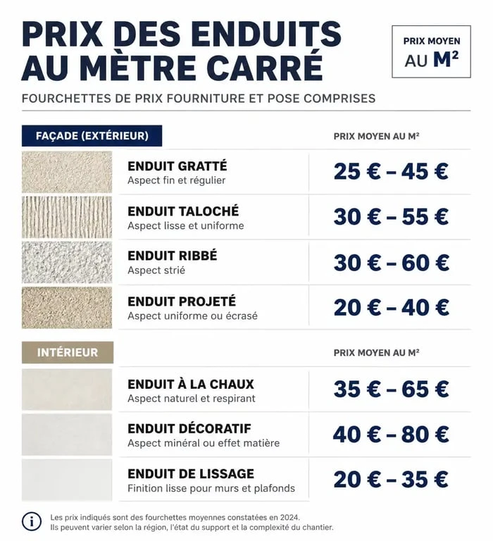 Infographie comparative des prix de l'enduit au m2 pour travaux de façade et intérieur