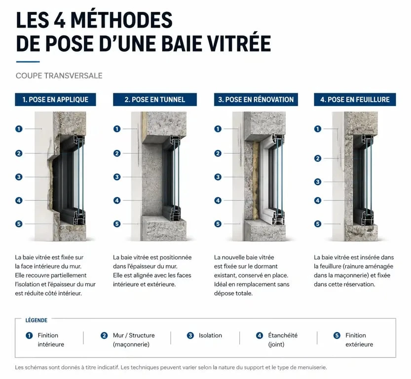 Schéma technique des quatre méthodes d'installation d'une baie vitrée : applique, tunnel, rénovation et feuillure.