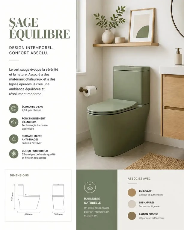 Toilette colorée vert sauge dans une salle de bain moderne et minimaliste
