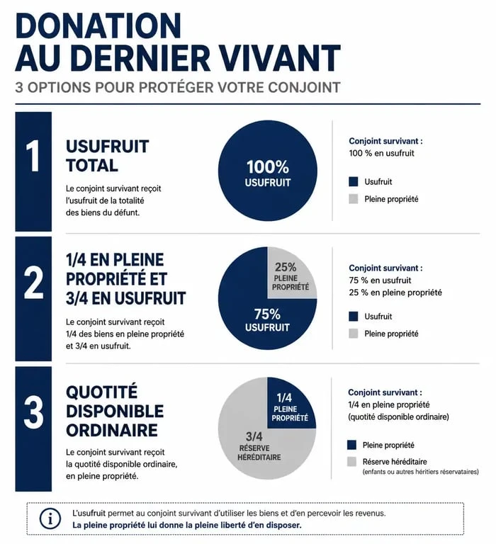 Schéma explicatif des options de la donation au dernier vivant pour le conjoint survivant